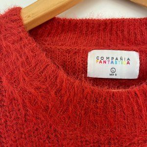 Fuzzy Red Crewneck Knit Sweater Large Compania Fantastica